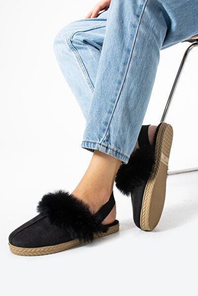 Moda Devrin Black Furry Elastic Slippers Home and Outdoor Slippers