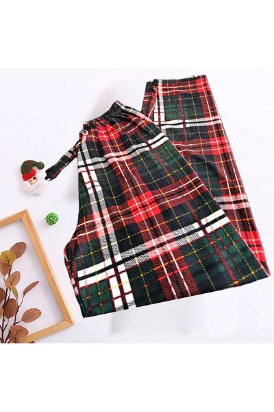 Eldemir Women's Red Plaid Printed Soft Silky Textured Elastic Waist Pajama Bottoms