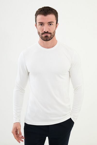 Mcr Plain Slim Fit Crew Neck Long Sleeve Men's T-Shirt Ecru - 36837.24K