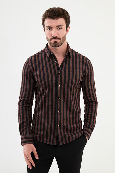 Mcr Striped Slim Fit Wool Men's Shirt Tile - 27008.24K