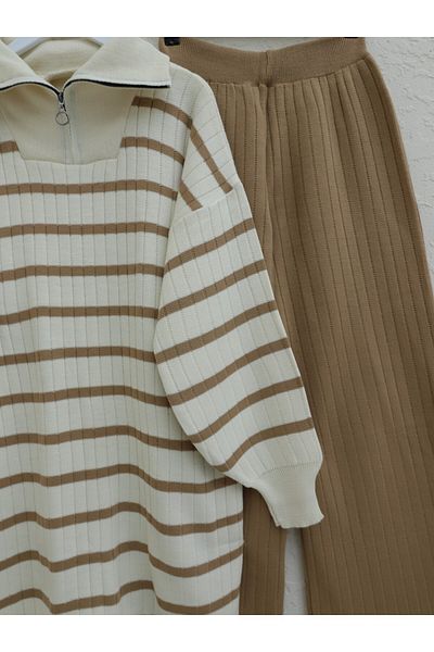 Modamorfo Mink Colored Striped Zippered Knitwear Set