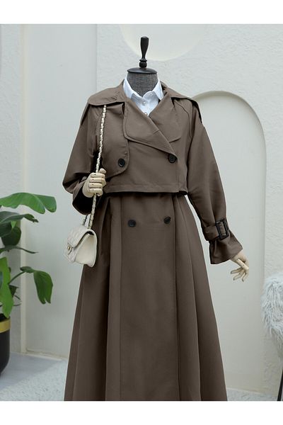 Modamorfo Belted Trench Coat with Pleated Skirt and Bolero - Brown