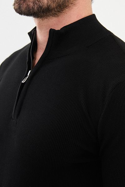 Mcr Textured Slim Fit Zippered Half Turtleneck Men's Knitwear Sweater Black - 11516.24K