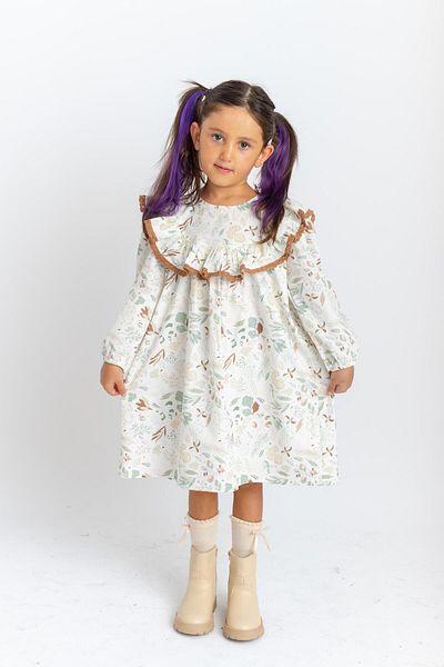 Cigit 2-7 Years Ecru Print Poplin Dress - Ruffle and Lace