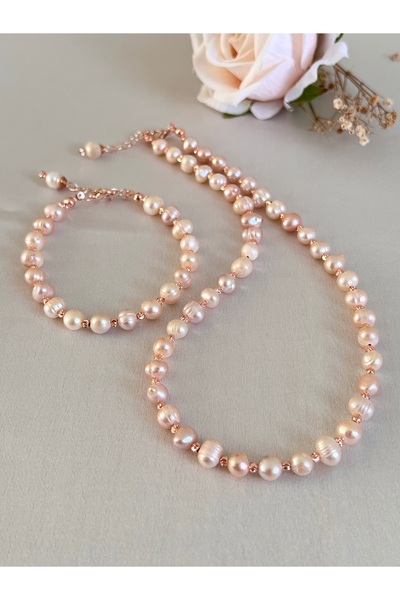 Zokak Sertifikalı Doğal Taş Gerçek Pembe Inci set, Gerçek Pembe Inci Kolye