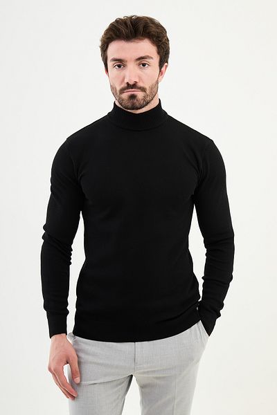 Mcr Textured Slim Fit Half Turtleneck Men's Knitwear Sweater Black - 11500.24K