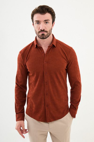 Mcr Patterned Brick Color Slim Fit Men's Shirt