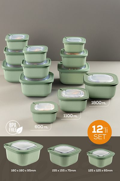 Vienev Set of 12 4X(600-1100-1800 ml) Special Storage Containers with Vip Lids Suitable for Microwave and Freeze Green