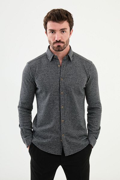 Mcr Striped Slim Fit Wool Men's Shirt Black - 27006.24K