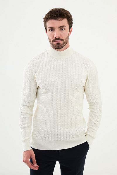 Mcr Patterned Ecru Slim Fit Half Turtleneck Men's Knitwear Sweater