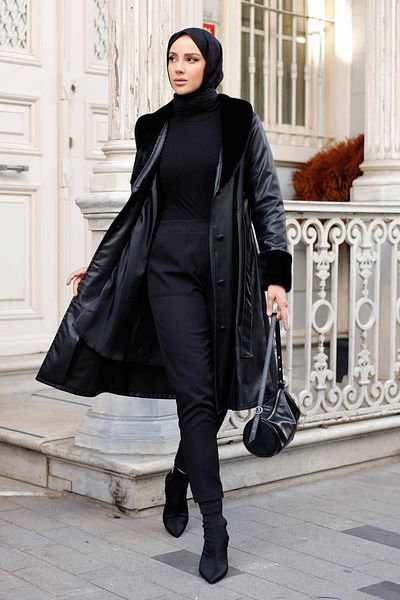 Pamuk Butik Γυναικεία δερμάτινη καμπαρντίνα με γούνινο γιακά