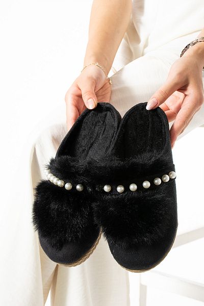 Moda Devrin Παντόφλες Μαύρες Γούνινες Πέρλες Παντόφλες σπιτιού και εξωτερικού χώρου