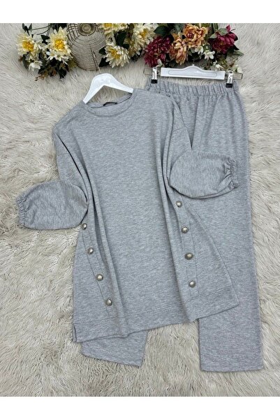 Modamorfo Round Neck Double Set with Button Detail on the Sides -Grey