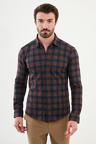 Mcr Чоловіча сорочка з вовни Slim Fit у клітинку, колір цегла - 27016.24K