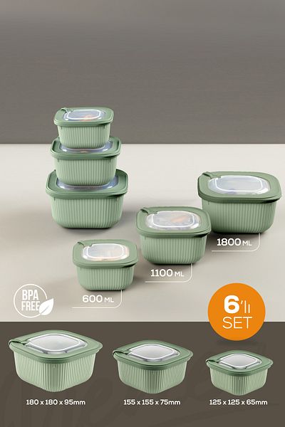 Vienev 6-Piece 2X(600-1100-1800 ml) Special Storage Containers Set with Vip Lid Suitable for Microwave and Freeze Green