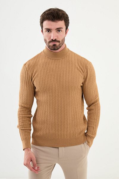 Mcr Patterned Slim Fit Half Turtleneck Men's Knitwear Sweater Camel - 11503.24K