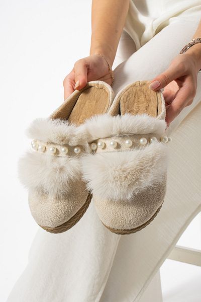 Moda Devrin Beige Furry Pearl Slippers Home and Outdoor Slippers