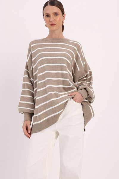 ALLDAY Μπεζ ριγέ μπαλόνι μανίκι Oversize πλεκτό πουλόβερ