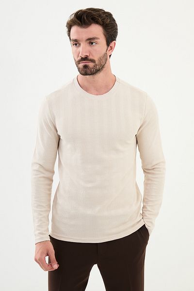 Mcr Patterned Slim Fit Crew Neck Long Sleeve Men's T-Shirt Beige - 36836.24K