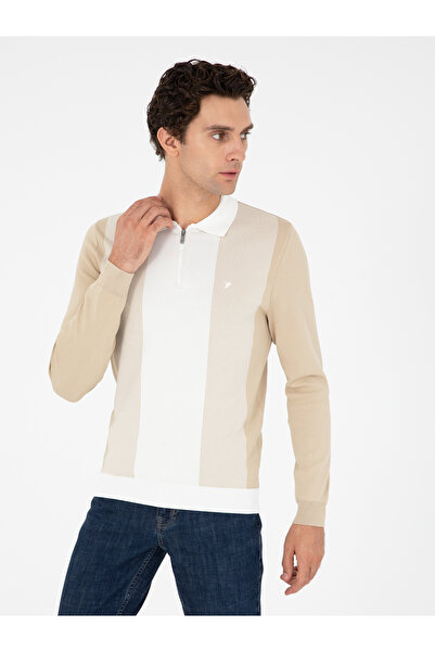 Cacharel Bej Slim Fit Fermuarlı Polo Yaka Triko Kazak 50293767-VR011