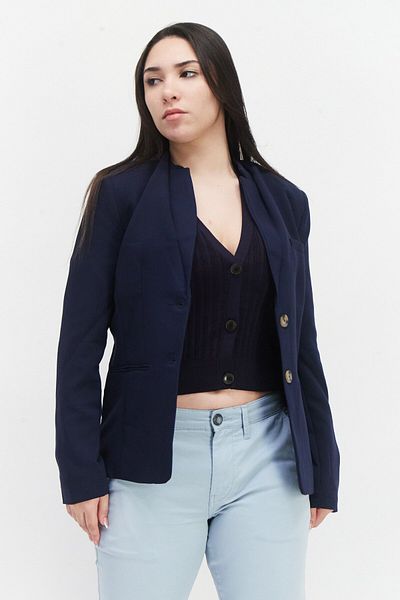 French Connection Women Notched Collar Long Sleeve Casual Blazer, Navy Blue