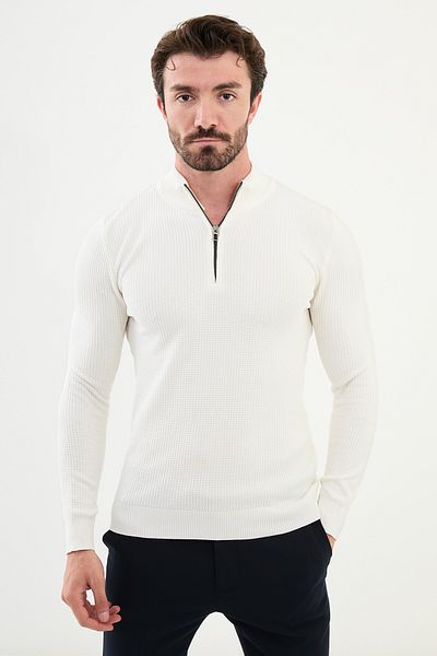 Mcr Textured Ecru Slim Fit Zippered Half Turtleneck Men's Knitwear Sweater