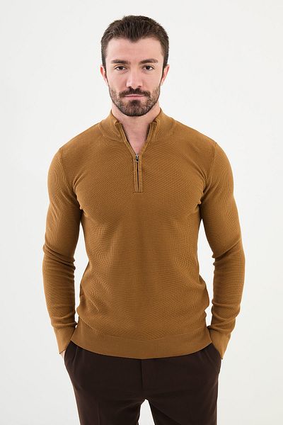 Mcr Textured Slim Fit Zippered Half Turtleneck Men's Knitwear Sweater Camel - 11516.24K