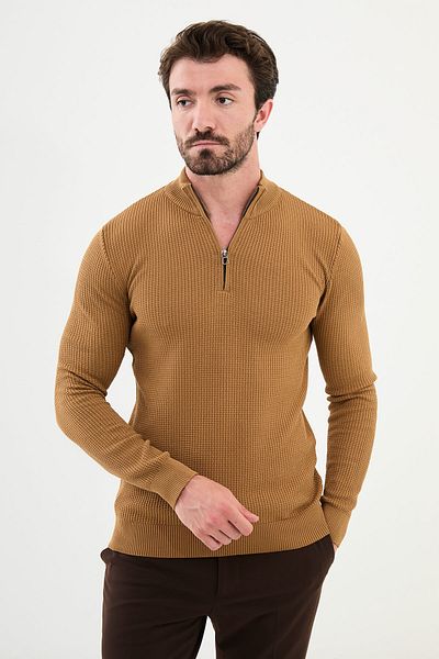 Mcr Textured Slim Fit Zippered Half Turtleneck Men's Knitwear Sweater Camel - 11509.24K