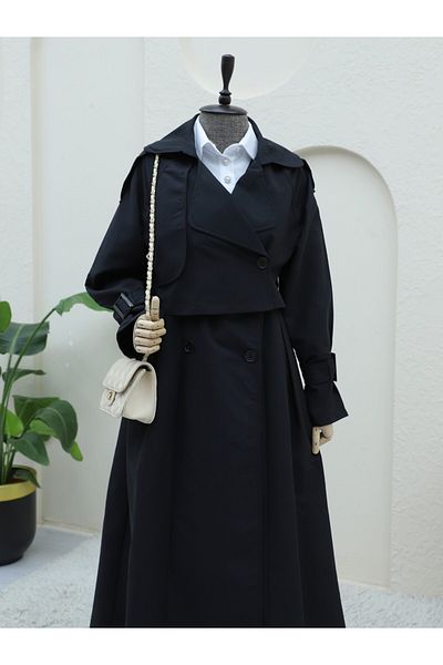 Modamorfo Belted Trench Coat with Pleated Skirt Bolero -Black