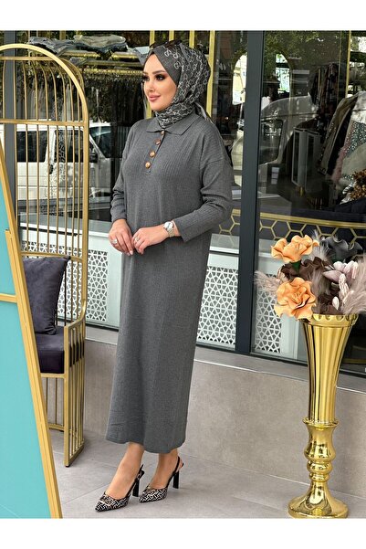 Merwish Kadın Yakalı Düğme Detaylı Triko Elbise