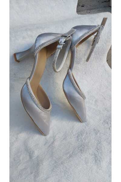 ESLEM AYAKKABI حذاء سهرة نسائي من الساتان الرمادي مقاس 9 سم