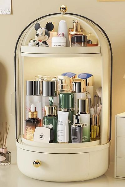 Emofom Shine Display Rack 360 Rotating Stand with Drawers and Shelf and Container Makeup Organizer Cosmetic Organizer