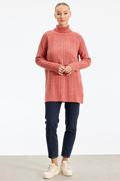 Tığ Triko Reglan Kollu Fitilli Triko Tunik GÜL KURUSU