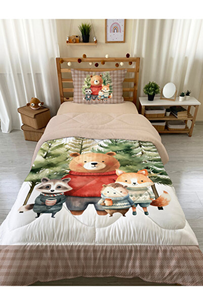 Evmila Çift Taraflı Sevimli Hayvan Desenli Kapitone Yorgan - Tek Kişilik Kişi...