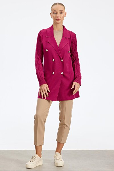 Tığ Triko Kolları Saç Örgülü Triko Blazer Ceket FUŞYA
