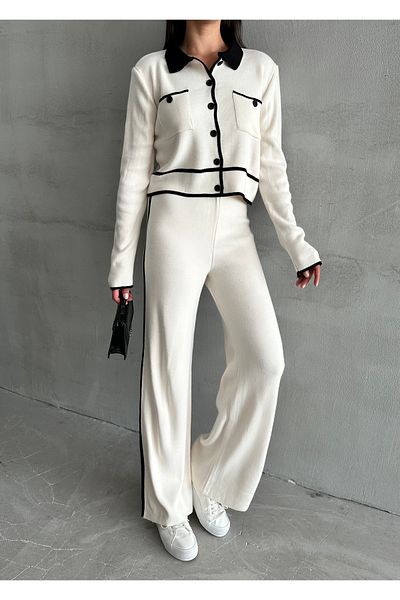 Laluvia Ecru Classy Polo Collar Contrast Striped Knitwear Set