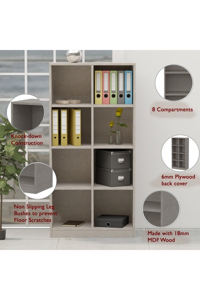 Mahmayi Wooden Display Shelves with 8 Storage Compartment, Freestanding Files, Light Concrete
