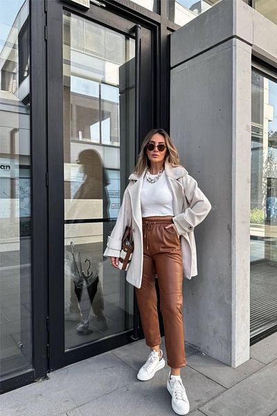 Ded COLLECTION Women's Lace-up Leather Jogger Pants
