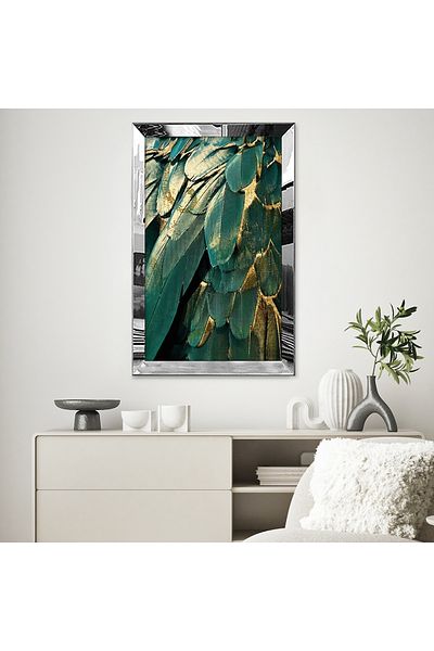 Zevahir Mobilya Dekorasyon Masa MDF simpla cu model de pene de pasare verde-aurie cu rama din plexiglas cu oglinda argintie