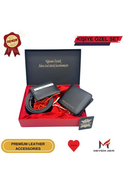 Mevsim Deri Father's Day Gift Men's Leather Portfolio Wallet Belt Gift Card Holder 3 Pcs