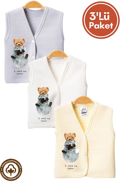 Miniel Unisex Baby Space Teddy Bear Printed Organic Cotton 3-6-9 Months 3-Piece Quilted Baby Vest Set