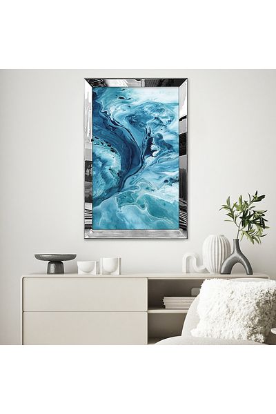 Zevahir Mobilya Dekorasyon Blue White Waves Abstract Single MDF Table cu cadru din plexiglas cu oglindă argintie