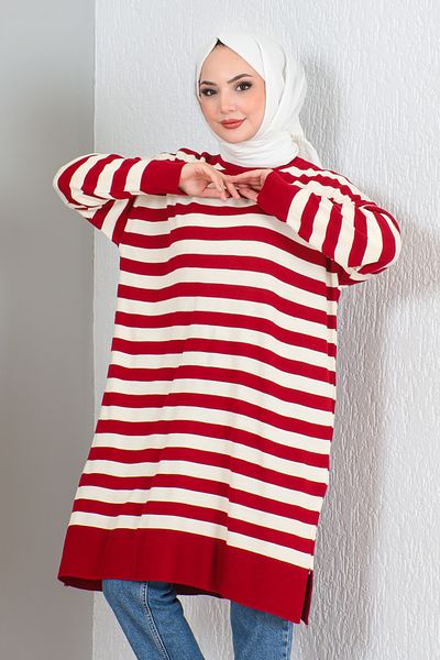MODAQU Long Knitwear Tunic - Red Stripe