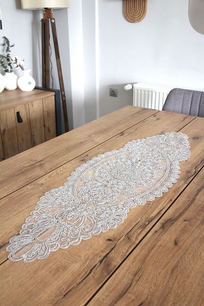 DDHOME 2007-DANTELA Aleer de masă din dantelă argintie - Detaliu tricotat, 100x35 cm Husă Fiskos