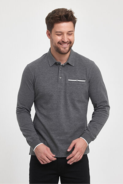 ENQUE Ανδρικό μακρύ βασικό μπλουζάκι πόλο με τσέπη ανθρακί