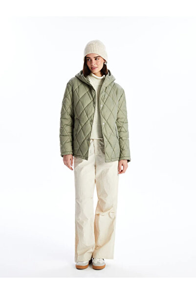 LC Waikiki XSIDE Açık Haki Kapüşonlu Kapitone Oversize Kadın Şişme Mont