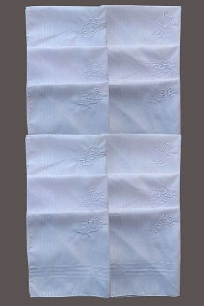 Safran Pazar 12 Pieces 28X28 cm 100 Cotton - Floral Embroidered Handkerchief