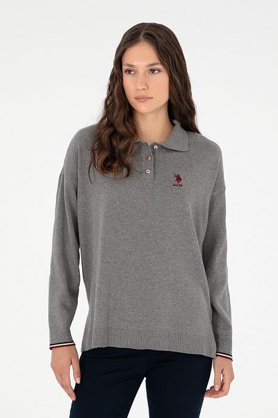 U.S. Polo Assn. Women's Gray Melange Polo Neck Sweater 50297091 -Vr086