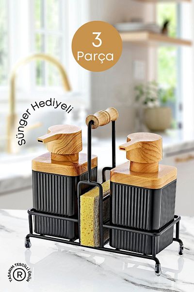 GRİMOR Life Mimosa Metal Stand Wooden Detailed Dish Detergent and Liquid Soap Dispenser Kitchen Set with Sponge Gift