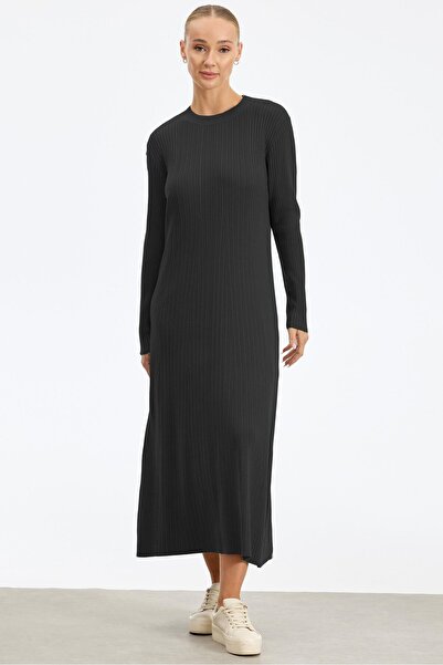 Tığ Triko Fitilli  Yarım Balıkçı Elbise SİYAH